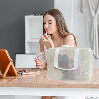 PVC Clear Pure Color Transparent Large Zipper Cosmetic Pouch Travel Makeup Cosmetic Bag with Handle for Travel Bathroom Toiletry Organizer (Clear+Black Handle)