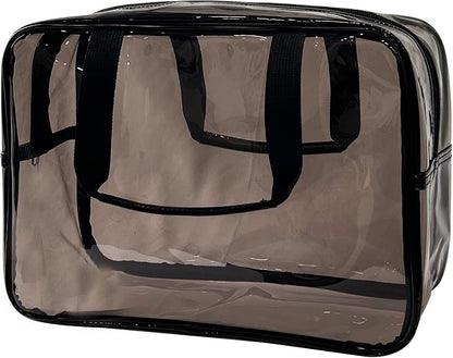PVC Clear Pure Color Transparent Large Zipper Cosmetic Pouch Travel Makeup Cosmetic Bag with Handle for Travel Bathroom Toiletry Organizer (Clear+Black Handle)