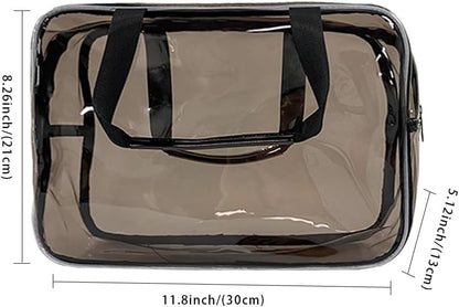 PVC Clear Pure Color Transparent Large Zipper Cosmetic Pouch Travel Makeup Cosmetic Bag with Handle for Travel Bathroom Toiletry Organizer (Clear+Black Handle)