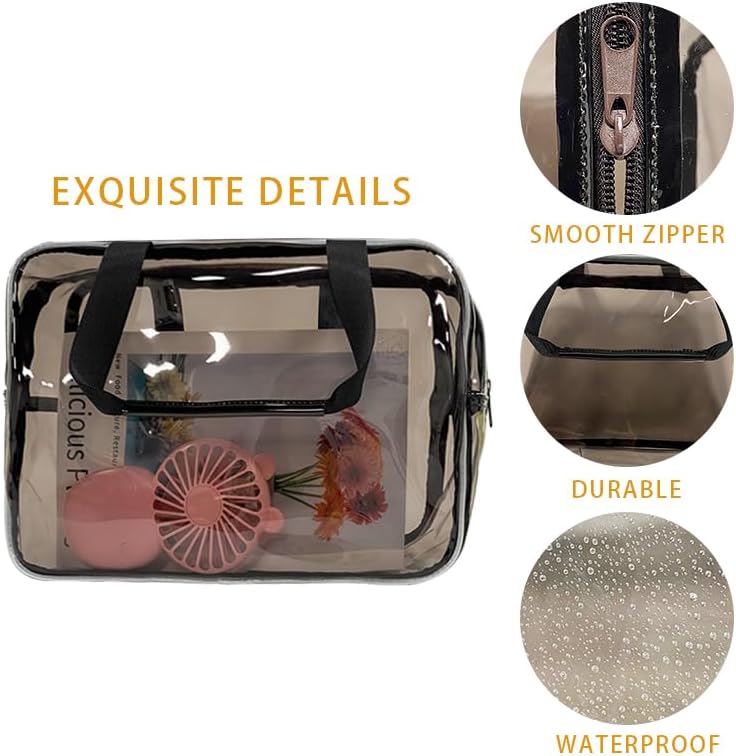 PVC Clear Pure Color Transparent Large Zipper Cosmetic Pouch Travel Makeup Cosmetic Bag with Handle for Travel Bathroom Toiletry Organizer (Clear+Black Handle)