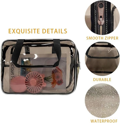 PVC Clear Pure Color Transparent Large Zipper Cosmetic Pouch Travel Makeup Cosmetic Bag with Handle for Travel Bathroom Toiletry Organizer (Clear+Black Handle)