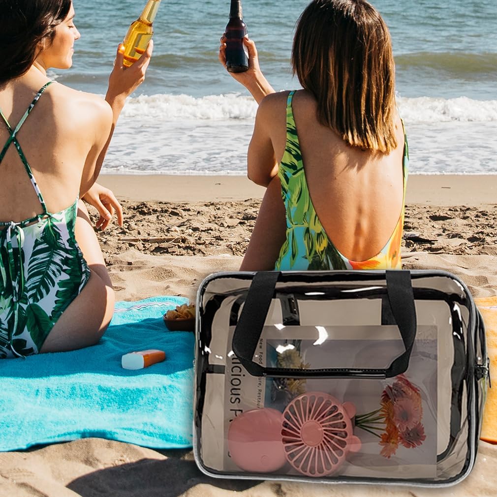 PVC Clear Pure Color Transparent Large Zipper Cosmetic Pouch Travel Makeup Cosmetic Bag with Handle for Travel Bathroom Toiletry Organizer (Clear+Black Handle)