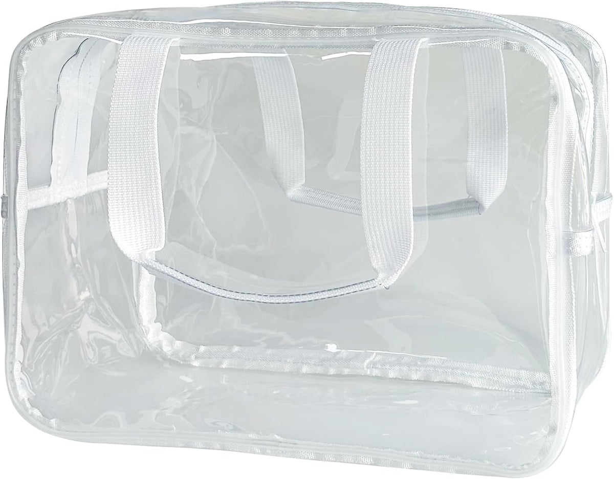 PVC Clear Pure Color Transparent Large Zipper Cosmetic Pouch Travel Makeup Cosmetic Bag with Handle for Travel Bathroom Toiletry Organizer (Clear+Black Handle)
