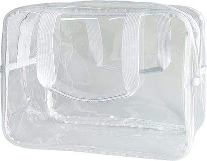 PVC Clear Pure Color Transparent Large Zipper Cosmetic Pouch Travel Makeup Cosmetic Bag with Handle for Travel Bathroom Toiletry Organizer (Clear+Black Handle)