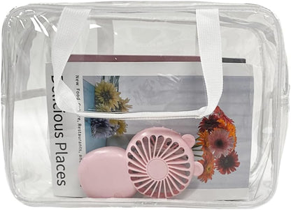 PVC Clear Pure Color Transparent Large Zipper Cosmetic Pouch Travel Makeup Cosmetic Bag with Handle for Travel Bathroom Toiletry Organizer (Clear+Black Handle)