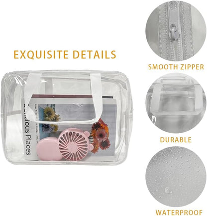 PVC Clear Pure Color Transparent Large Zipper Cosmetic Pouch Travel Makeup Cosmetic Bag with Handle for Travel Bathroom Toiletry Organizer (Clear+Black Handle)