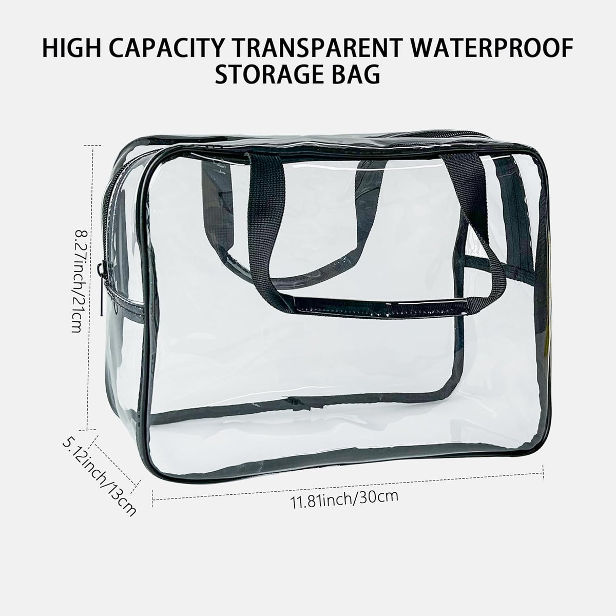 PVC Clear Pure Color Transparent Large Zipper Cosmetic Pouch Travel Makeup Cosmetic Bag with Handle for Travel Bathroom Toiletry Organizer (Clear+Black Handle)