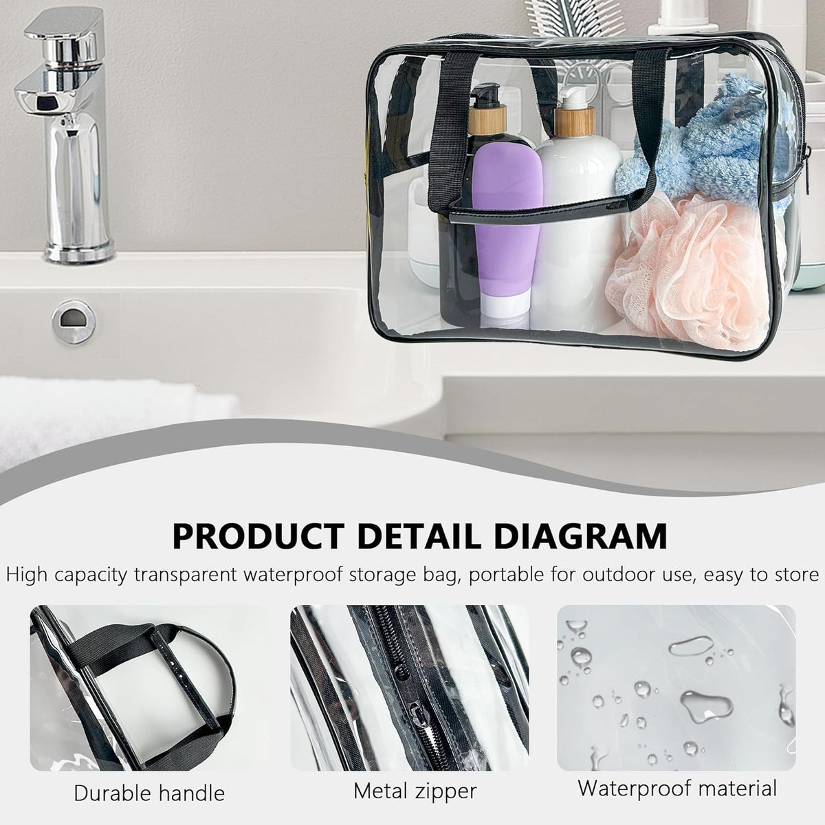 PVC Clear Pure Color Transparent Large Zipper Cosmetic Pouch Travel Makeup Cosmetic Bag with Handle for Travel Bathroom Toiletry Organizer (Clear+Black Handle)
