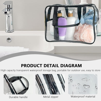 PVC Clear Pure Color Transparent Large Zipper Cosmetic Pouch Travel Makeup Cosmetic Bag with Handle for Travel Bathroom Toiletry Organizer (Clear+Black Handle)