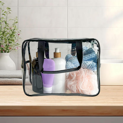 PVC Clear Pure Color Transparent Large Zipper Cosmetic Pouch Travel Makeup Cosmetic Bag with Handle for Travel Bathroom Toiletry Organizer (Clear+Black Handle)