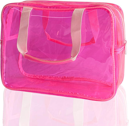 PVC Clear Pure Color Transparent Large Zipper Cosmetic Pouch Travel Makeup Cosmetic Bag with Handle for Travel Bathroom Toiletry Organizer (Clear+Black Handle)