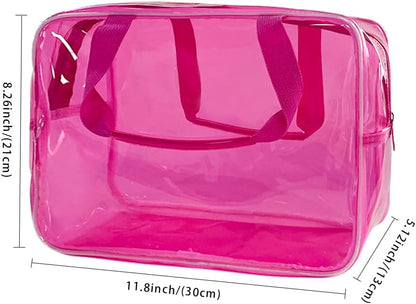 PVC Clear Pure Color Transparent Large Zipper Cosmetic Pouch Travel Makeup Cosmetic Bag with Handle for Travel Bathroom Toiletry Organizer (Clear+Black Handle)