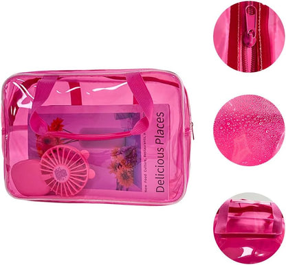 PVC Clear Pure Color Transparent Large Zipper Cosmetic Pouch Travel Makeup Cosmetic Bag with Handle for Travel Bathroom Toiletry Organizer (Clear+Black Handle)
