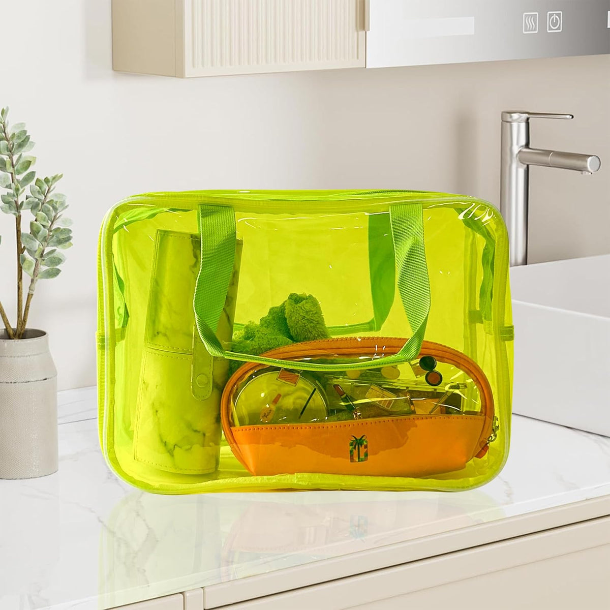 PVC Clear Pure Color Transparent Large Zipper Cosmetic Pouch Travel Makeup Cosmetic Bag with Handle for Travel Bathroom Toiletry Organizer (Clear+Black Handle)