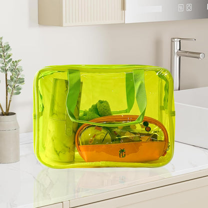 PVC Clear Pure Color Transparent Large Zipper Cosmetic Pouch Travel Makeup Cosmetic Bag with Handle for Travel Bathroom Toiletry Organizer (Clear+Black Handle)
