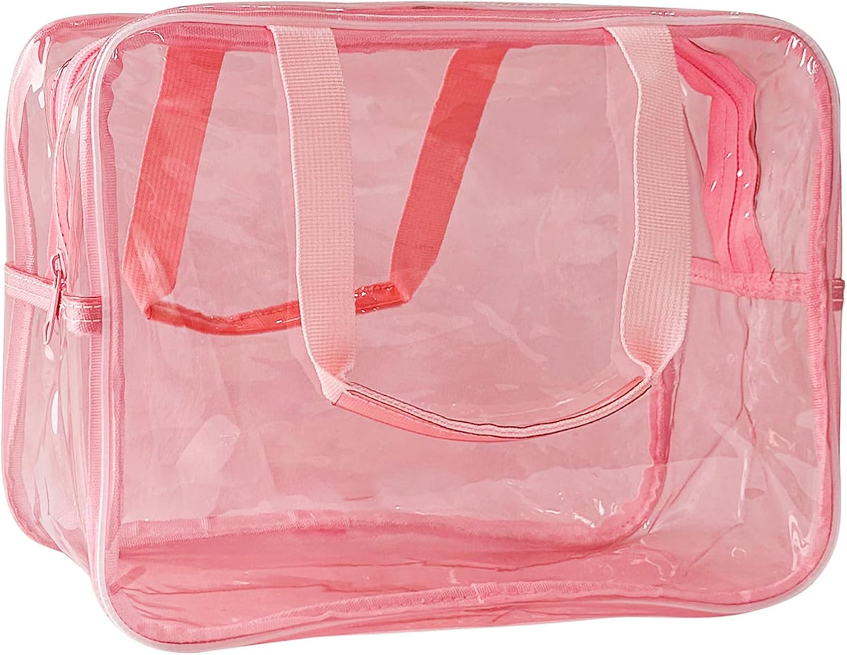 PVC Clear Pure Color Transparent Large Zipper Cosmetic Pouch Travel Makeup Cosmetic Bag with Handle for Travel Bathroom Toiletry Organizer (Clear+Black Handle)