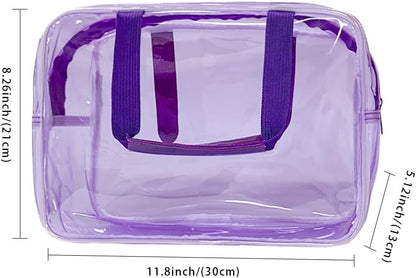 PVC Clear Pure Color Transparent Large Zipper Cosmetic Pouch Travel Makeup Cosmetic Bag with Handle for Travel Bathroom Toiletry Organizer (Clear+Black Handle)