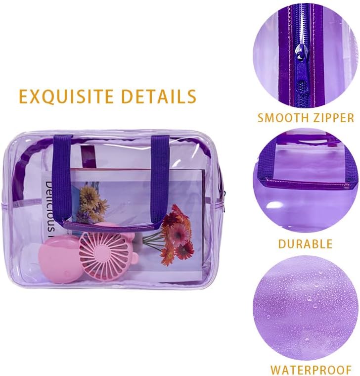 PVC Clear Pure Color Transparent Large Zipper Cosmetic Pouch Travel Makeup Cosmetic Bag with Handle for Travel Bathroom Toiletry Organizer (Clear+Black Handle)