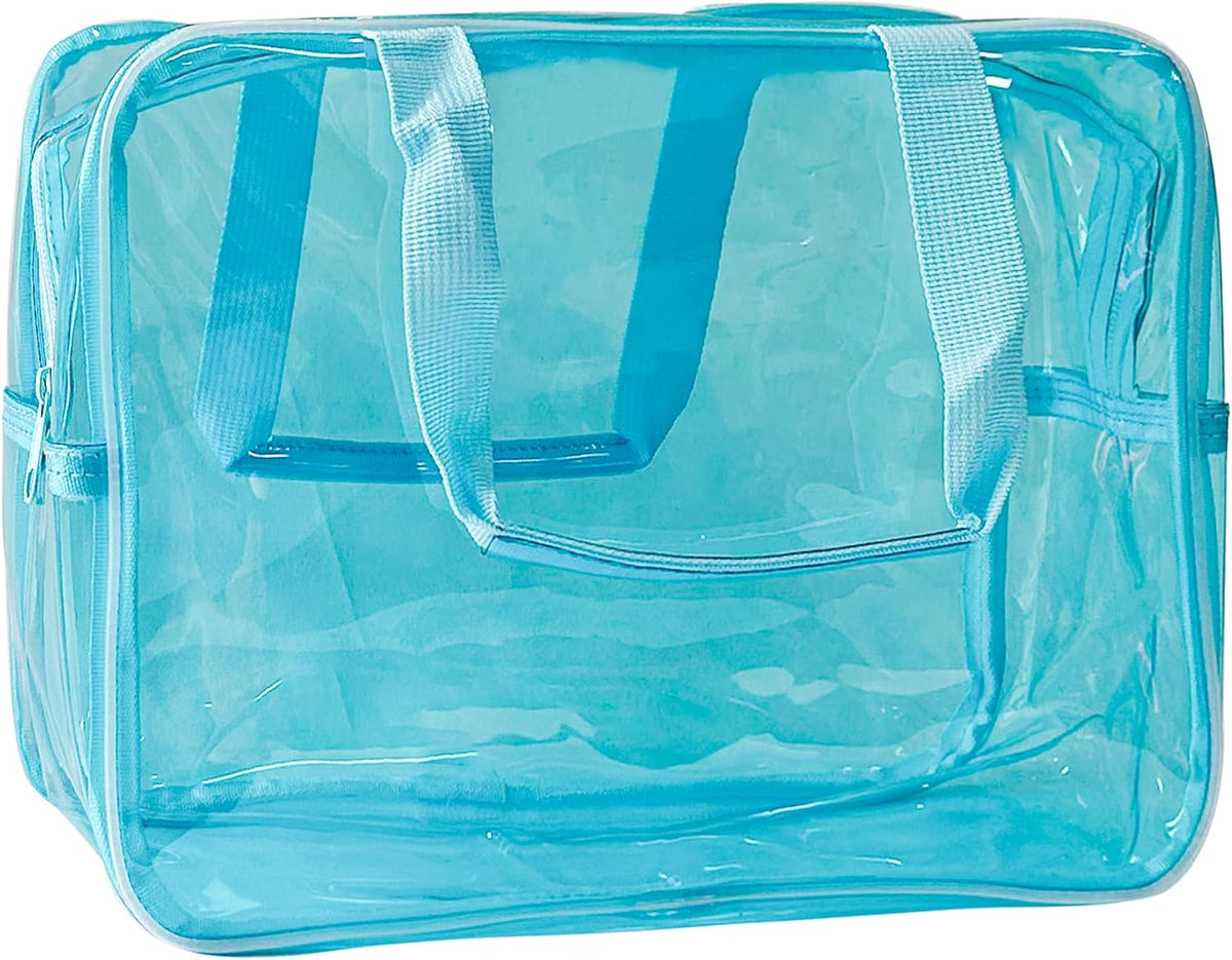 PVC Clear Pure Color Transparent Large Zipper Cosmetic Pouch Travel Makeup Cosmetic Bag with Handle for Travel Bathroom Toiletry Organizer (Clear+Black Handle)