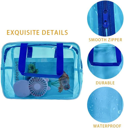 PVC Clear Pure Color Transparent Large Zipper Cosmetic Pouch Travel Makeup Cosmetic Bag with Handle for Travel Bathroom Toiletry Organizer (Clear+Black Handle)