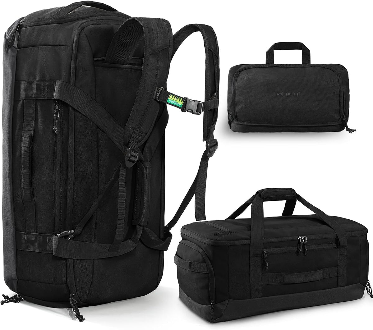 60L Foldable Travel Duffel Backpack, Navy Blue | Shoe Compartment, Stowable Straps, U-Shaped Opening, Water-Resistant Build