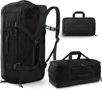 60L Foldable Travel Duffel Backpack, Navy Blue | Shoe Compartment, Stowable Straps, U-Shaped Opening, Water-Resistant Build