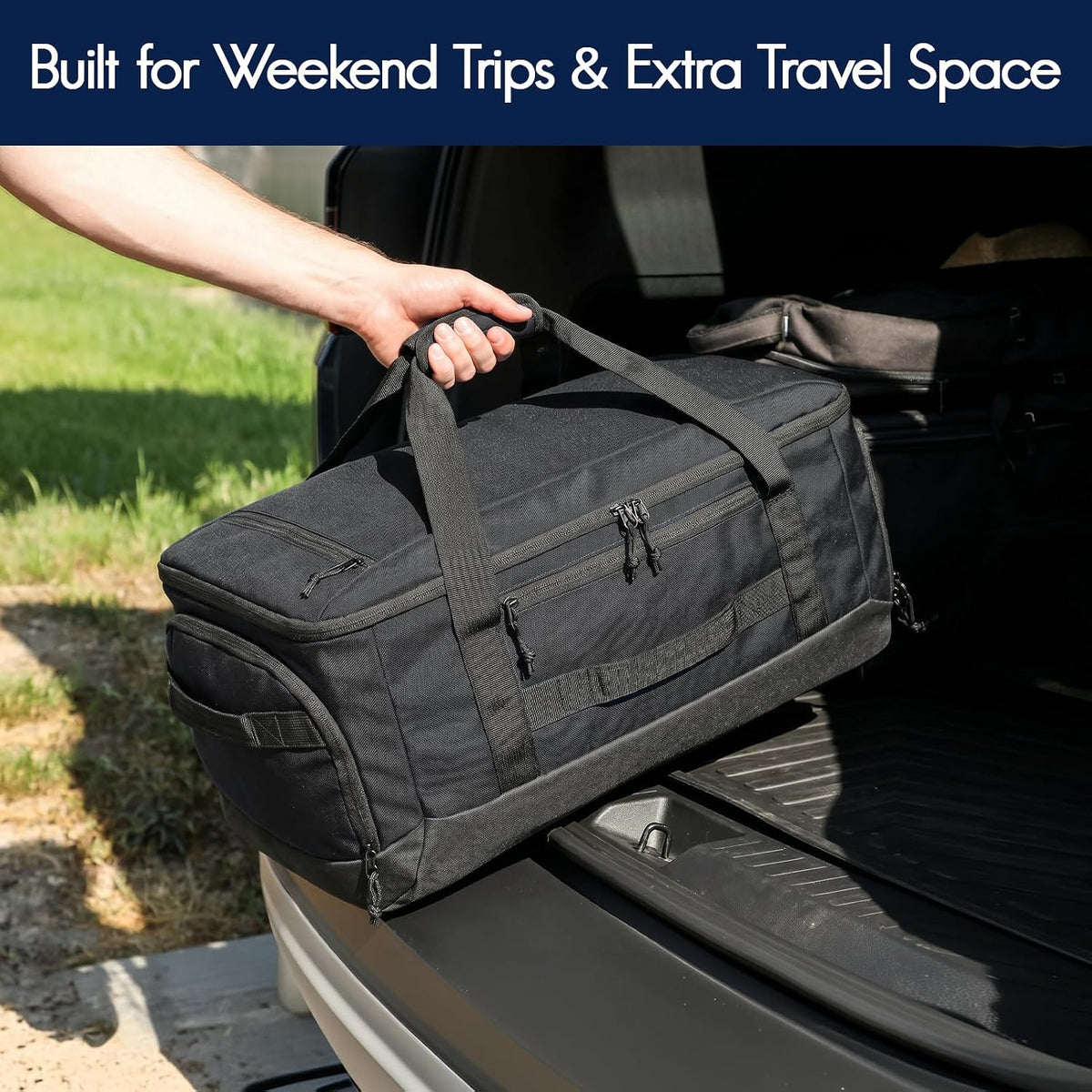 60L Foldable Travel Duffel Backpack, Navy Blue | Shoe Compartment, Stowable Straps, U-Shaped Opening, Water-Resistant Build