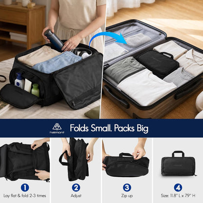 60L Foldable Travel Duffel Backpack, Navy Blue | Shoe Compartment, Stowable Straps, U-Shaped Opening, Water-Resistant Build