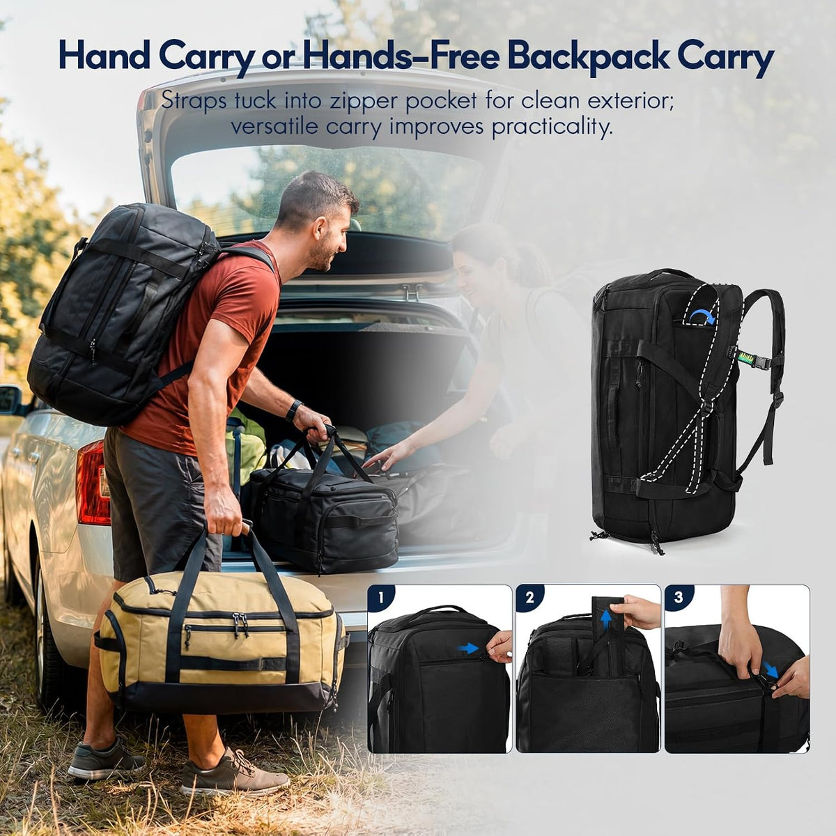 60L Foldable Travel Duffel Backpack, Navy Blue | Shoe Compartment, Stowable Straps, U-Shaped Opening, Water-Resistant Build
