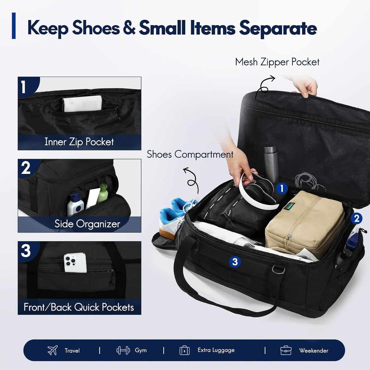 60L Foldable Travel Duffel Backpack, Navy Blue | Shoe Compartment, Stowable Straps, U-Shaped Opening, Water-Resistant Build