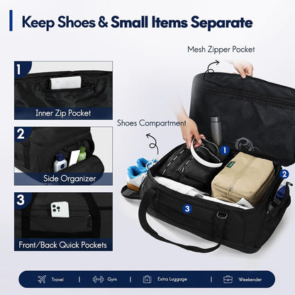 60L Foldable Travel Duffel Backpack, Navy Blue | Shoe Compartment, Stowable Straps, U-Shaped Opening, Water-Resistant Build
