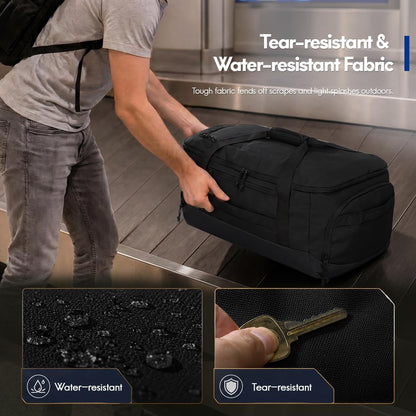 60L Foldable Travel Duffel Backpack, Navy Blue | Shoe Compartment, Stowable Straps, U-Shaped Opening, Water-Resistant Build