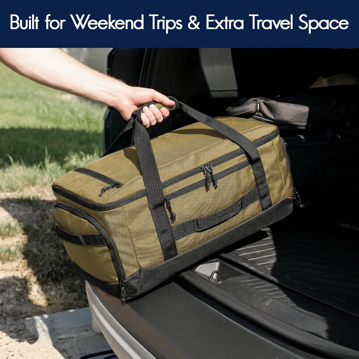 60L Foldable Travel Duffel Backpack, Navy Blue | Shoe Compartment, Stowable Straps, U-Shaped Opening, Water-Resistant Build
