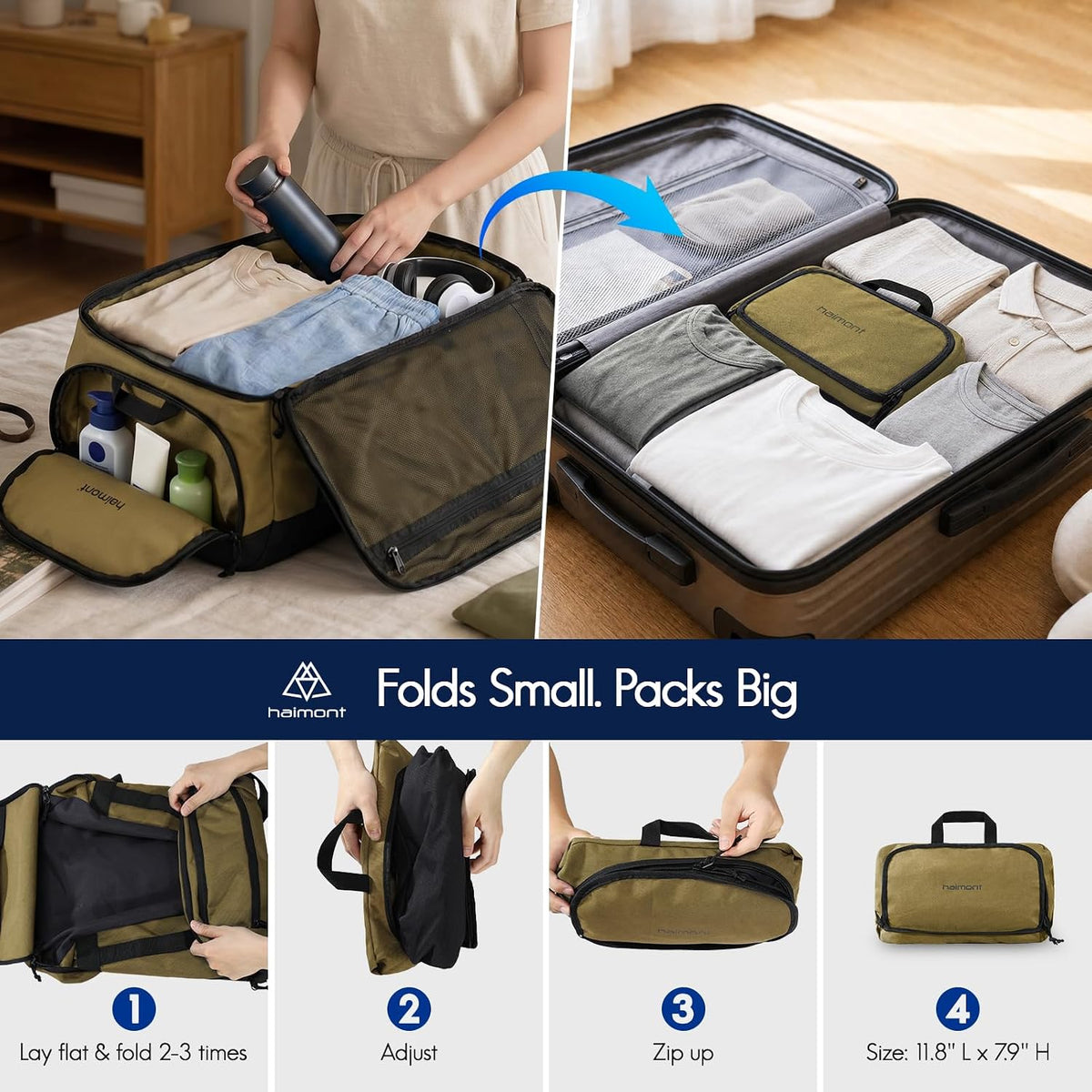 60L Foldable Travel Duffel Backpack, Navy Blue | Shoe Compartment, Stowable Straps, U-Shaped Opening, Water-Resistant Build