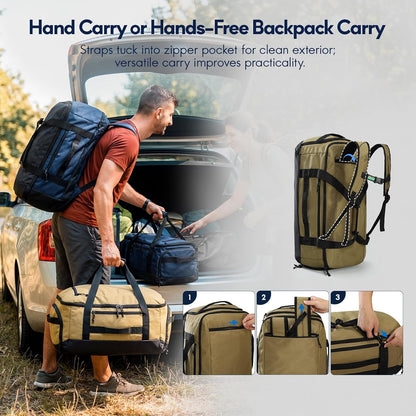 60L Foldable Travel Duffel Backpack, Navy Blue | Shoe Compartment, Stowable Straps, U-Shaped Opening, Water-Resistant Build