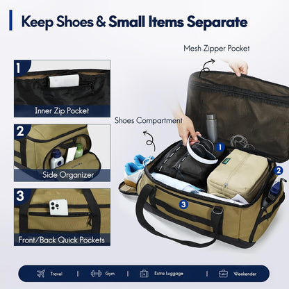 60L Foldable Travel Duffel Backpack, Navy Blue | Shoe Compartment, Stowable Straps, U-Shaped Opening, Water-Resistant Build