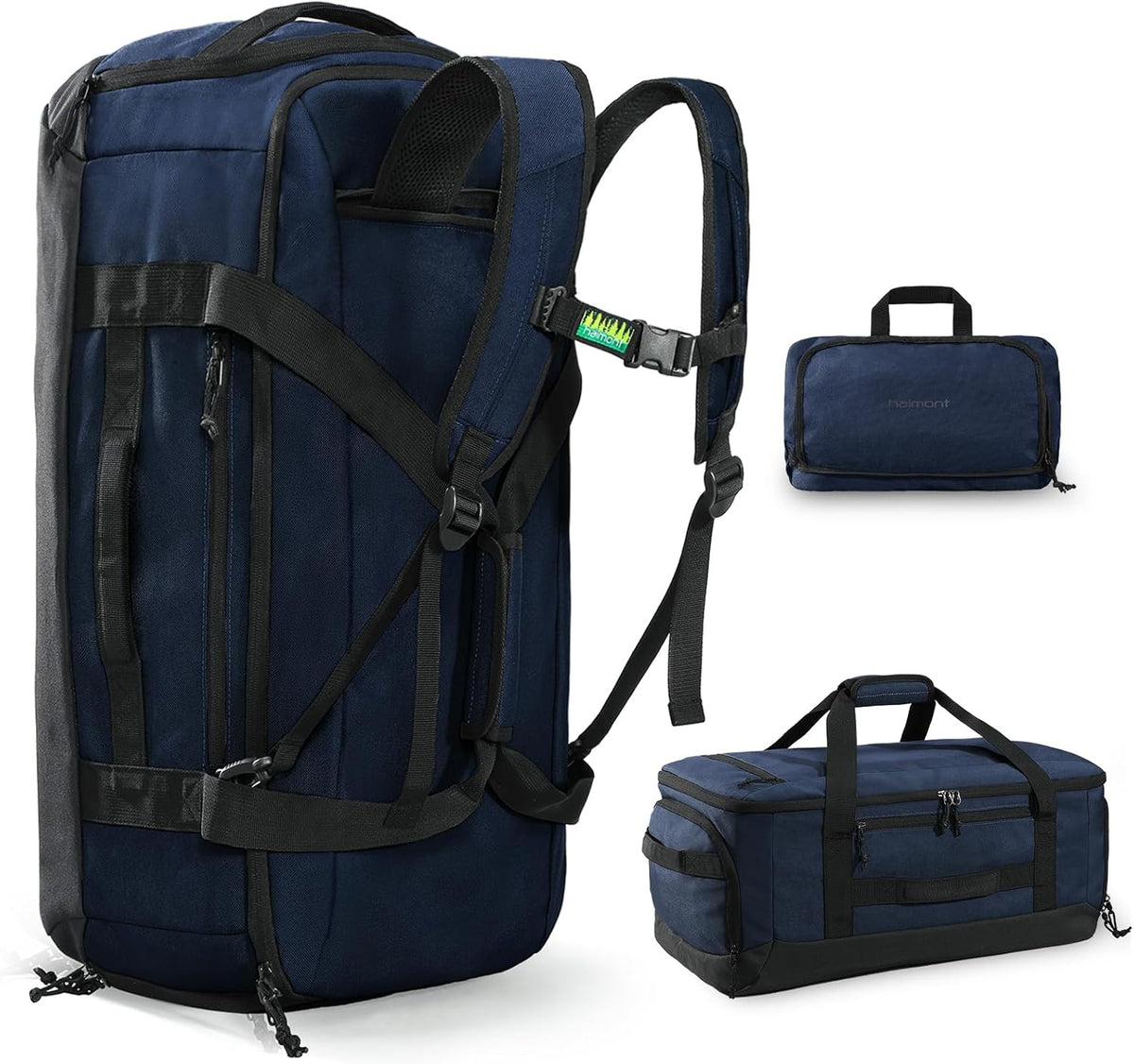 60L Foldable Travel Duffel Backpack, Navy Blue | Shoe Compartment, Stowable Straps, U-Shaped Opening, Water-Resistant Build
