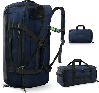 60L Foldable Travel Duffel Backpack, Navy Blue | Shoe Compartment, Stowable Straps, U-Shaped Opening, Water-Resistant Build