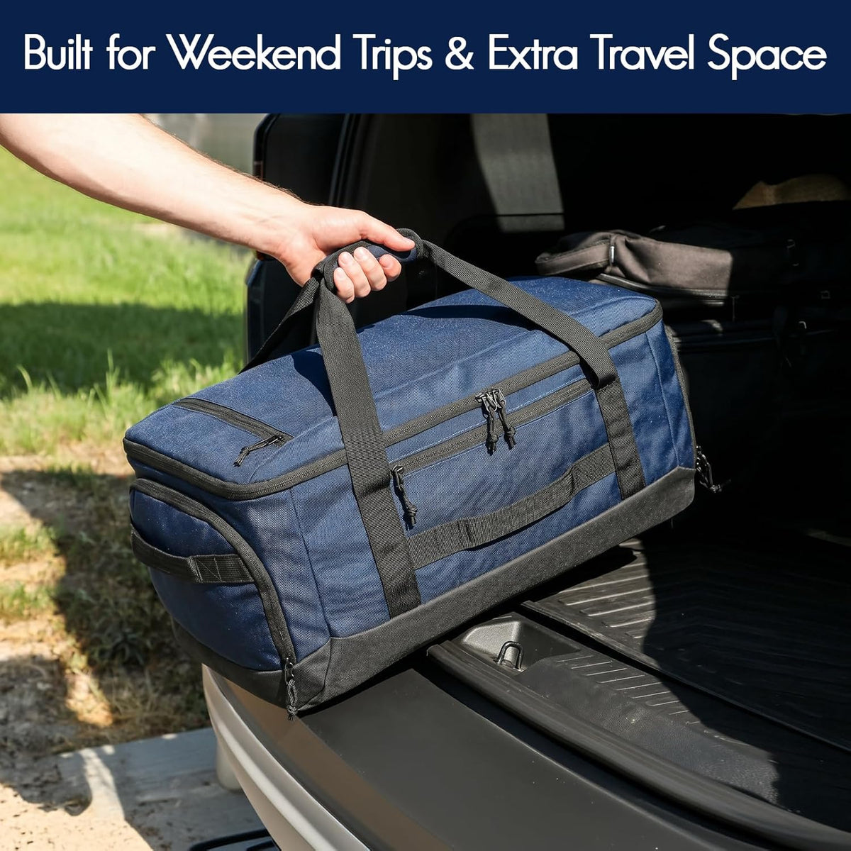 60L Foldable Travel Duffel Backpack, Navy Blue | Shoe Compartment, Stowable Straps, U-Shaped Opening, Water-Resistant Build
