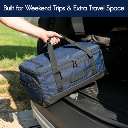 60L Foldable Travel Duffel Backpack, Navy Blue | Shoe Compartment, Stowable Straps, U-Shaped Opening, Water-Resistant Build