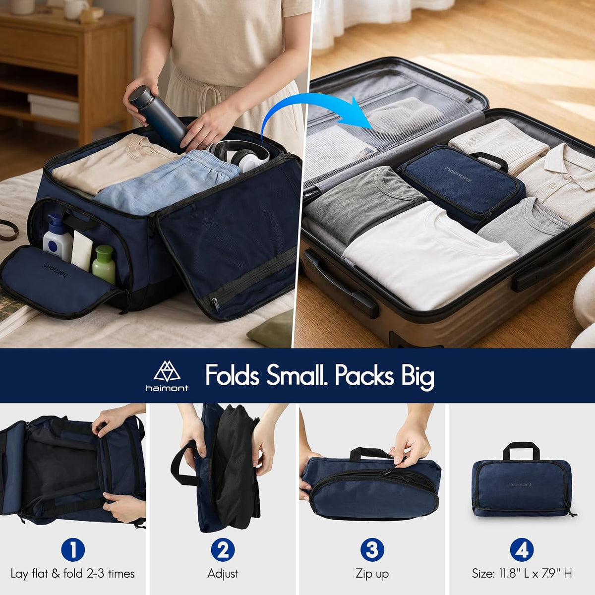 60L Foldable Travel Duffel Backpack, Navy Blue | Shoe Compartment, Stowable Straps, U-Shaped Opening, Water-Resistant Build