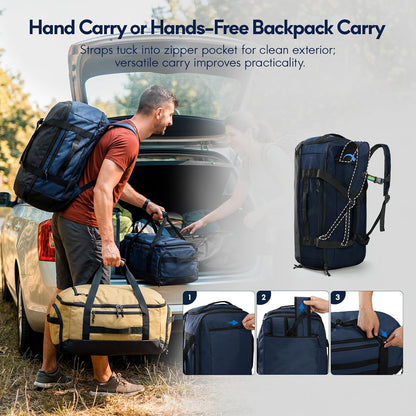 60L Foldable Travel Duffel Backpack, Navy Blue | Shoe Compartment, Stowable Straps, U-Shaped Opening, Water-Resistant Build