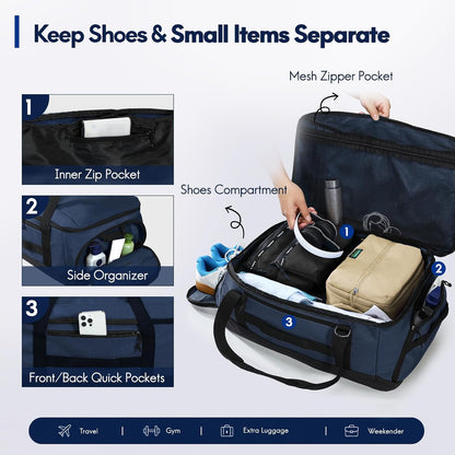 60L Foldable Travel Duffel Backpack, Navy Blue | Shoe Compartment, Stowable Straps, U-Shaped Opening, Water-Resistant Build