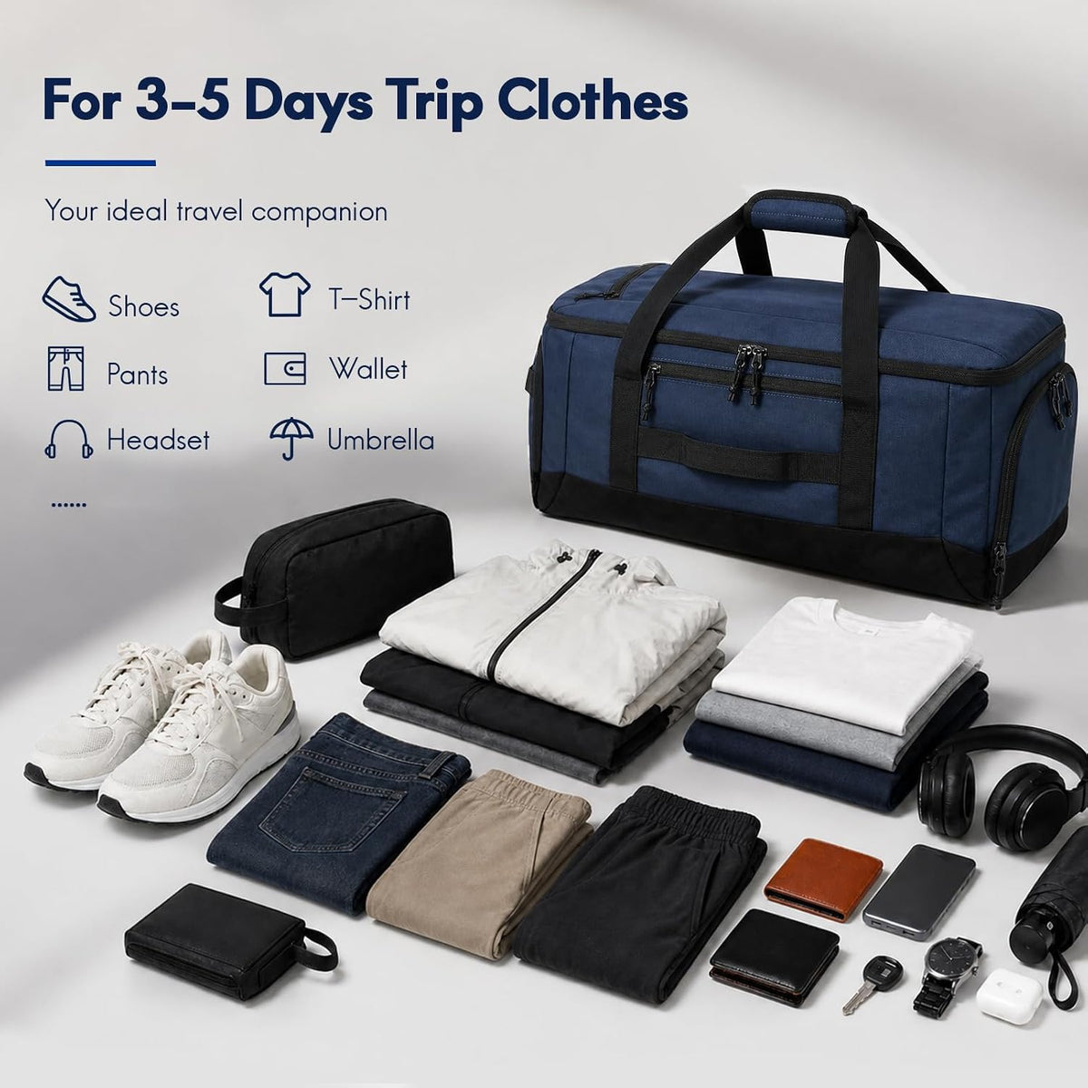 60L Foldable Travel Duffel Backpack, Navy Blue | Shoe Compartment, Stowable Straps, U-Shaped Opening, Water-Resistant Build