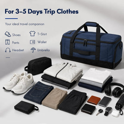60L Foldable Travel Duffel Backpack, Navy Blue | Shoe Compartment, Stowable Straps, U-Shaped Opening, Water-Resistant Build