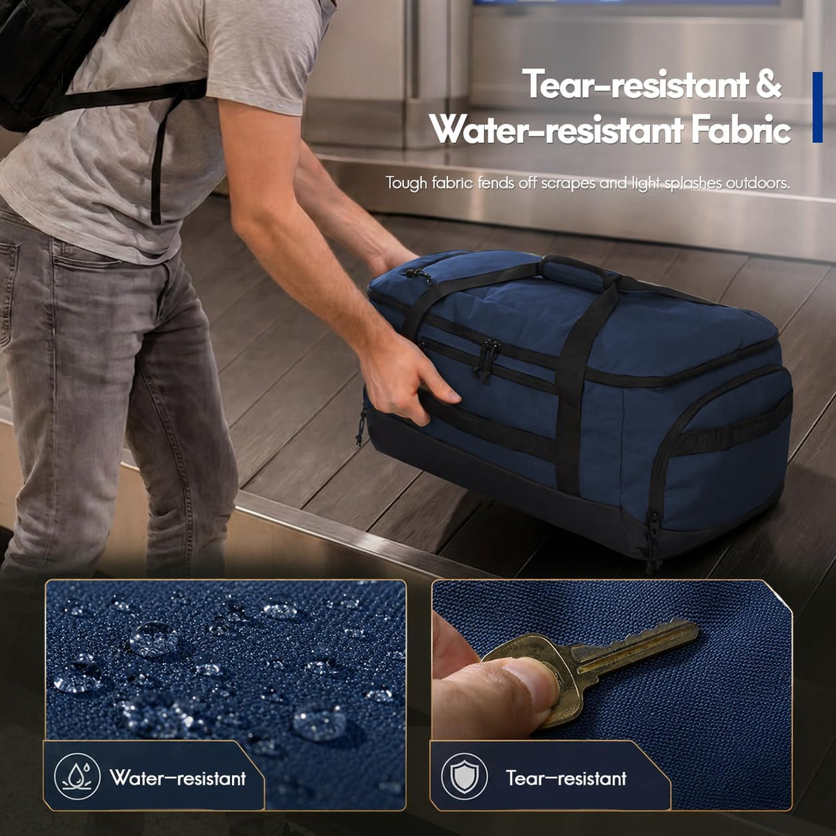 60L Foldable Travel Duffel Backpack, Navy Blue | Shoe Compartment, Stowable Straps, U-Shaped Opening, Water-Resistant Build