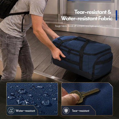 60L Foldable Travel Duffel Backpack, Navy Blue | Shoe Compartment, Stowable Straps, U-Shaped Opening, Water-Resistant Build