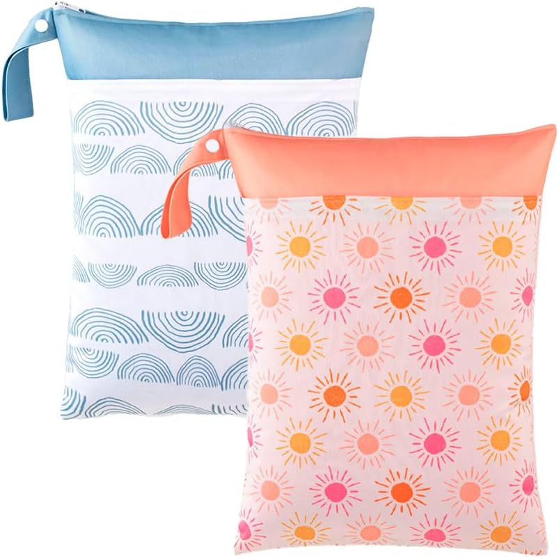 2pcs Wet Bags Waterproof Reusable Wet Dry Bag with Two Zippered Pockets Travel Beach Pool Daycare Yoga Gym Bag for Baby Cloth Diaper,Swimsuits,Wet Clothes (Cactus)