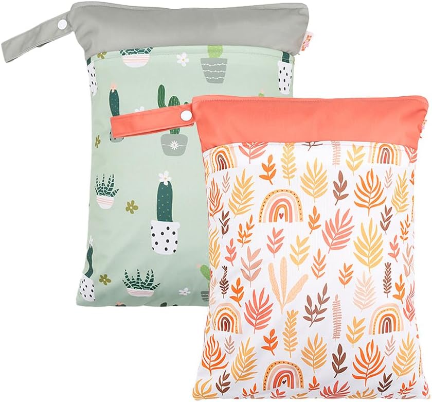 2pcs Wet Bags Waterproof Reusable Wet Dry Bag with Two Zippered Pockets Travel Beach Pool Daycare Yoga Gym Bag for Baby Cloth Diaper,Swimsuits,Wet Clothes (Cactus)
