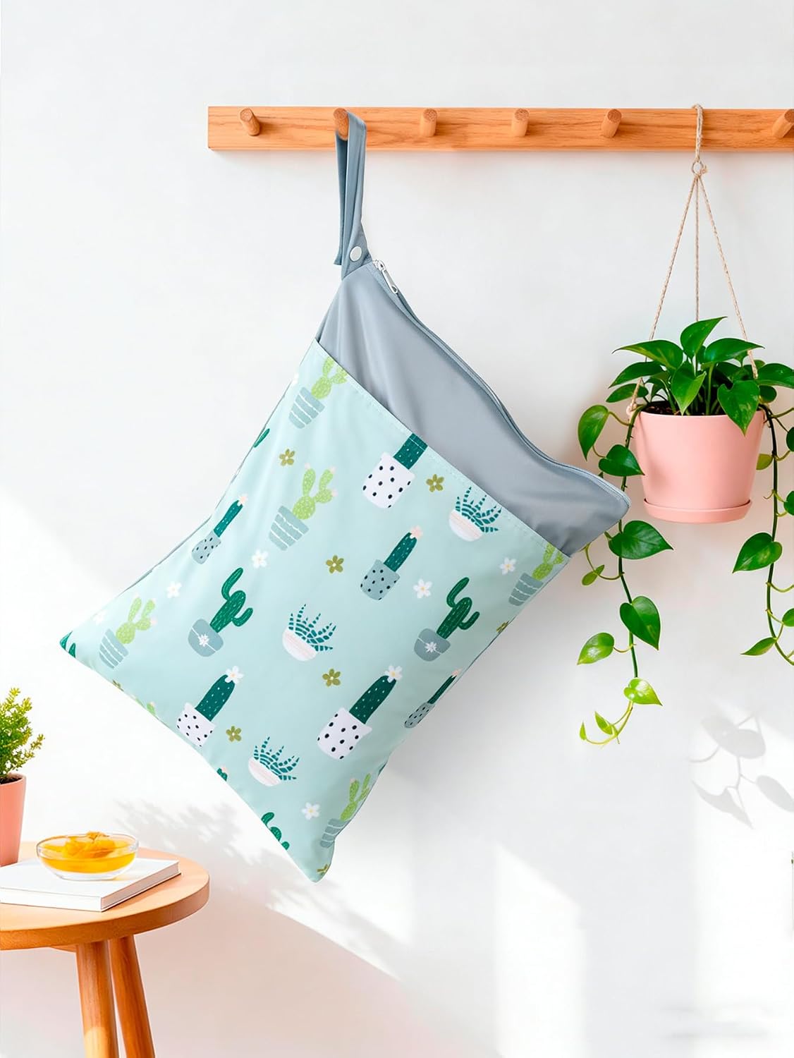2pcs Wet Bags Waterproof Reusable Wet Dry Bag with Two Zippered Pockets Travel Beach Pool Daycare Yoga Gym Bag for Baby Cloth Diaper,Swimsuits,Wet Clothes (Cactus)